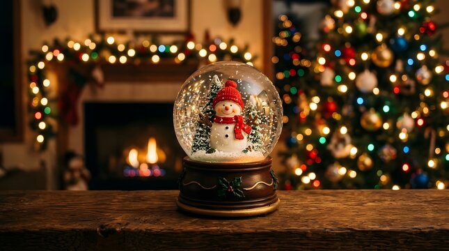 A festive snow globe featuring a snowman with a merry chrismas message in a cozy holiday living room