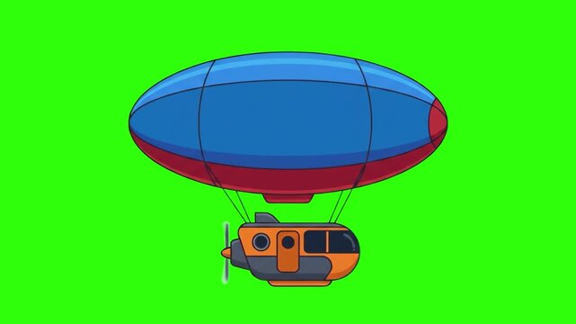 Flat 2D vector animated blimp airship zeppelin floating isolated on a chroma key green screen background. Ideal for aviation travel promos, retro transport videos, vintage technology clips, and motion