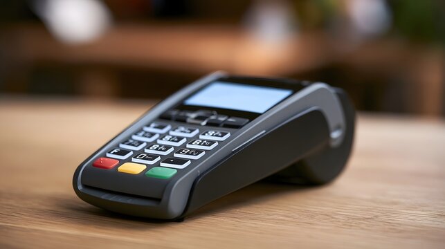 A modern payment terminal with numeric keypad and color coded buttons sits on a wooden surface  ready for transaction processing