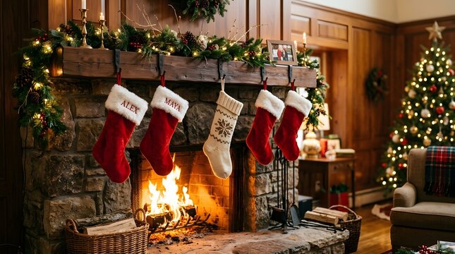 A cozy living room with a warm fireplace and hanging stockings to celebrate a merry chrismas holiday season