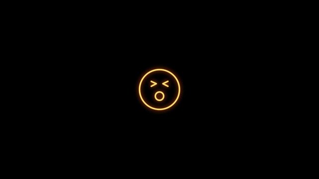 Tired yawning squinting face emoji orange neon glowing icon dark background 4k