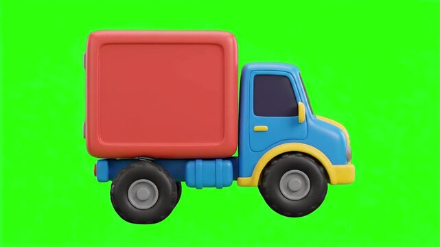 3D model of a small blue and red cargo delivery lorry truck turned side view over a chroma key green background. Great for logistics services commercials, cargo transport promos, express shipping vide