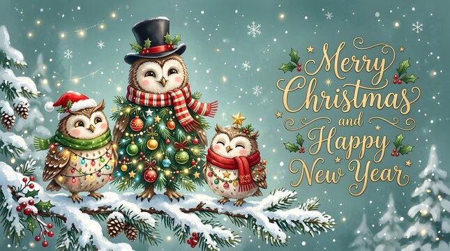 Cute owls wearing winter scarves and hats in a snowy forest wishing everyone a merry chrismas greeting