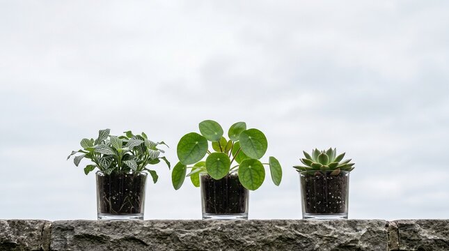 Potted indoor plants with pilea fittonia and succulent in glass jars on stone ledge against bright minimalist sky background with copy space for header or banner