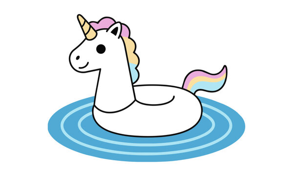 Cheerful white unicorn pool float with pastel rainbow accents and blue water ripples on white background summer vacation concept