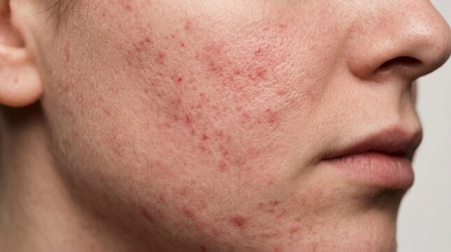 Macro shot of red papules and rosacea skin on cheek