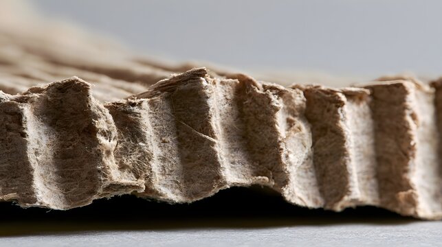 Close up of corrugated cardboard texture with fibrous surface and wavy ridges under soft lighting
