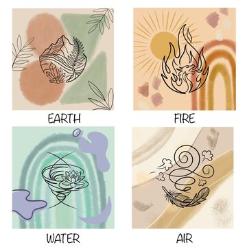 Four Elements Line Art Set Earth Fire Water Air on Boho Abstract Backgrounds