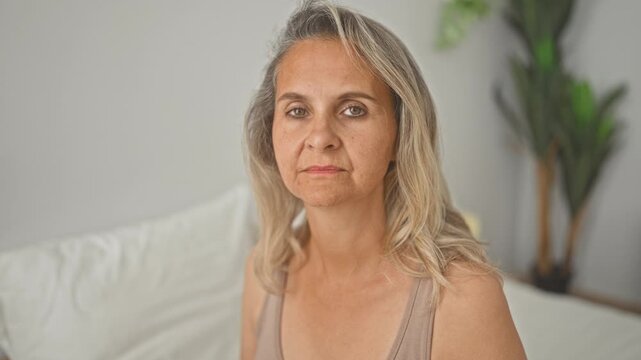 Woman seated on bed with bare shoulder visible, looking directly at camera with neutral expression and slight head tilt in a bedroom; reflection.
