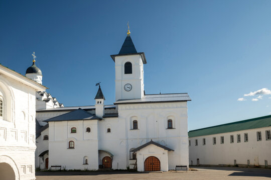 Svir, Russia, Leningrad region: the Church of the Intercession of the Holy Virgin with a refectory and a bell tower The Holy Trinity Alexander Svirsky male monastery in the village 