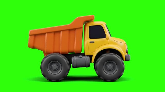3D rendered yellow and orange dump truck heavy construction vehicle driving isolated on a chroma key green screen background. Ideal for construction site promos, building equipment guides, industrial 