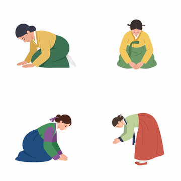 Set of Korean Women in Hanbok Performing a Traditional Bow for Seollal and Chuseok Greeting Vector Illustration