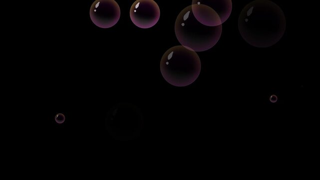 Colorful glossy soap bubbles rising upward gently, transparent water sphere bubble stream animation, delicate pink air bubble floating overlay element, dynamic visual on black background. 4k video