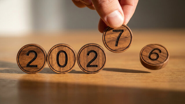 Hand placing a wooden number 7 to complete the year 2027, replacing the number 6 on a wooden table