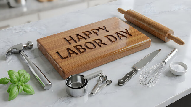 Happy labor day greeting sign with kitchen tools and a hammer on a table