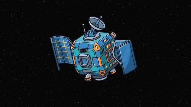 Flat 2D vector animated orbital space satellite with solar panels isolated on a solid black background. Suitable for outer space game graphics, science education clips, global communication promos, sc