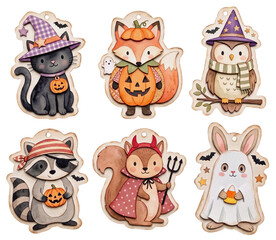 Fototapeta premium Watercolor Halloween animals vintage scrapbooking icons set, layered paper cute spooky creatures. Perfect for invitations, greeting cards, branding, packaging and other creative projects.