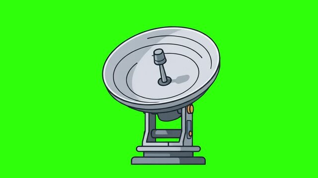 Flat 2D vector animated telecommunication satellite dish antenna isolated on a chroma key green screen background. Great for space communication videos, TV broadcasting promos, radar technology guides