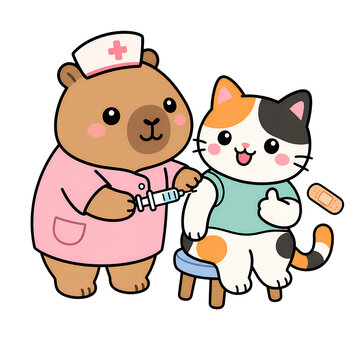 Capybara nurse gently giving vaccination to cat patient with medical bandage