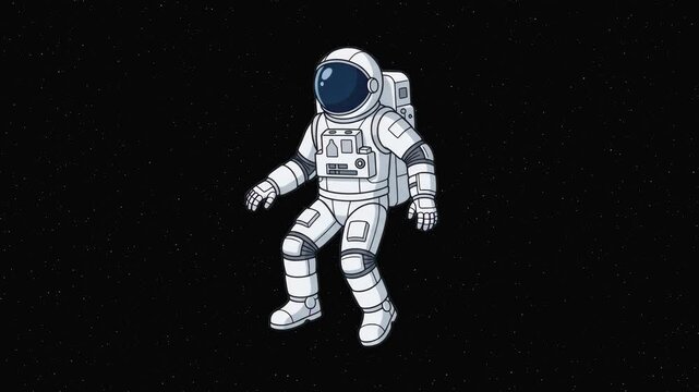 Flat 2D vector animated astronaut character floating in spacesuit isolated on a solid black background. Perfect for space exploration videos, science education clips, sci-fi themes, cosmic animations,
