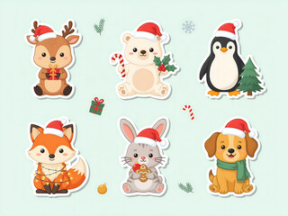 Naklejka premium Cute Christmas Animals Seamless Pattern with Santa Hats 