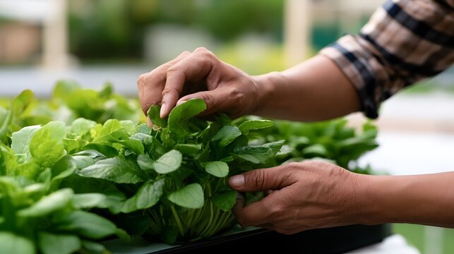 A person s hands carefully harvesting fresh green leafy vegetables from a garden bed in natural daylight