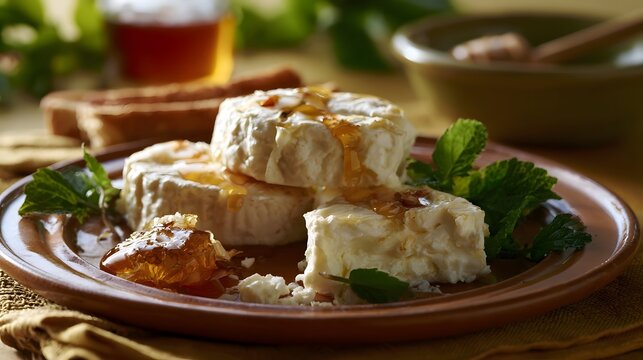 Fresh cheese slices drizzled with honey and garnished with mint leaves on a rustic ceramic plate