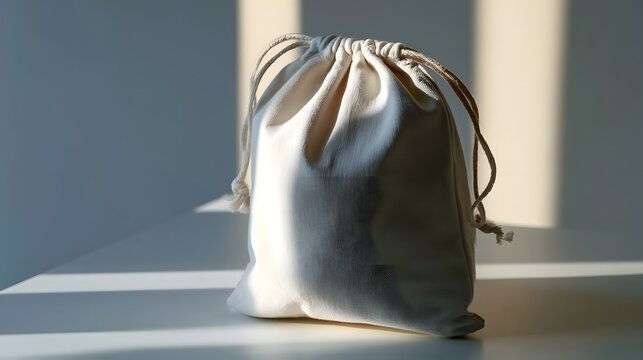 A simple drawstring bag made of natural cotton fabric sits on a clean white surface under soft natural light with gentle shadows