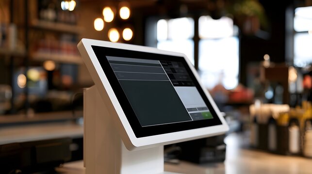 Modern touchscreen point of sale terminal mounted on a stand in a warmly lit retail or caf  setting with blurred background elements