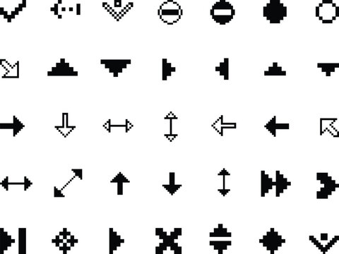 collection showcases various classic pixelated mouse cursors, arrows, and interface pointers designed in a minimal black and white 8-bit style.