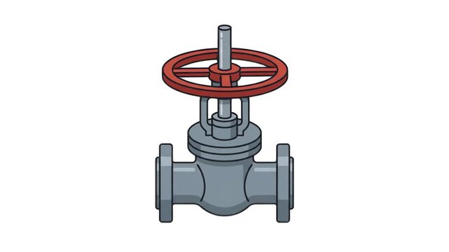 Cartoon vector illustration of an industrial pipe valve with a red wheel handle isolated over a plain white background. Excellent for engineering infographics, plumbing system diagrams, industrial mai