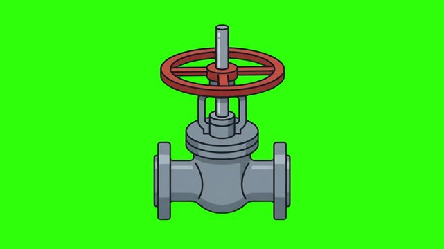 Cartoon vector illustration of an industrial pipe valve with a red wheel handle over a chroma key green background. Great for plumbing system promos, industrial factory concepts, pipeline control vide