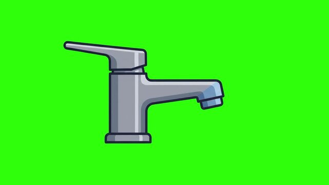 Cartoon vector illustration of a modern chrome water tap faucet over a chroma key green background. Perfect for plumbing repair ads, water saving concepts, house renovation promos, sanitation videos, 