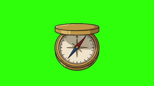 Flat 2D vector animated vintage brass pocket compass with magnetic needle isolated on a chroma key green screen background. Great for travel exploration videos, directional guidance promos, adventure 