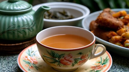 Fototapeta premium A cup of tea with floral patterned cup and saucer green teapot and plate of fried food on a textured surface