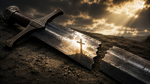 Broken Broadsword with Cross on a Hill Reflected in the Blade