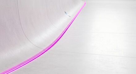 Fototapeta premium Minimalist white skatepark ramp, modern concrete bowl with pink neon light, futuristic urban sports architecture