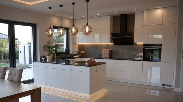 Contemporary kitchen interior showcasing sleek white cabinets, a large island with black countertop, and stylish lighting creating a minimalist space