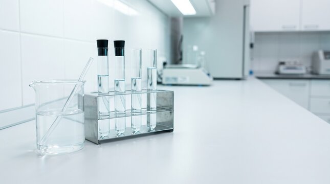 Science lab glassware test tubes in rack and beaker on white counter in modern medical research laboratory with copy space for banner