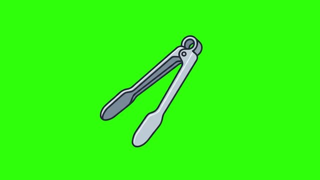 Flat 2D vector animated stainless steel kitchen tongs cooking utensil isolated on a chroma key green screen background. Ideal for culinary tutorials, barbecue promos, kitchenware commercials, food pre