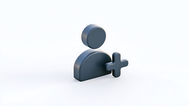 3D render of add friend user profile icon with plus sign on clean white background, modern minimal interface symbol for social network