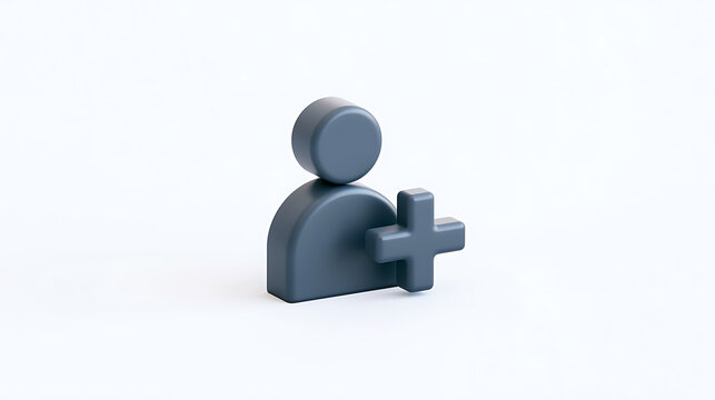 3d render of user profile icon with plus sign on white background, symbol of add friend account membership registration connection concept