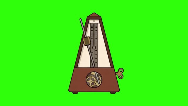 Flat 2D vector animated traditional wooden mechanical metronome with swinging pendulum isolated on a chroma key green screen background. Suitable for music practice tutorials, rhythm lesson promos, mu