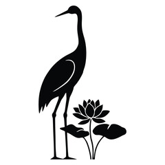 Naklejka premium A crane stands near a lotus flower in a black silhouette