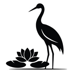 Naklejka premium A black silhouette of a crane standing near a lotus flower minimalist style silhouette