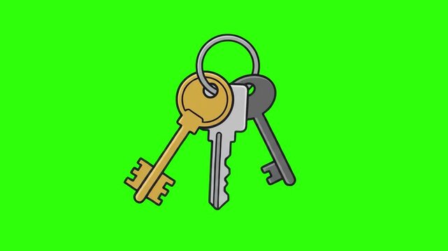 Flat 2D vector animated set of house keys on a keyring isolated on a chroma key green screen background. Perfect for real estate commercials, property security promos, key handover videos, home buying
