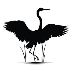 Naklejka premium A wading bird with outstretched wings is depicted in a black silhouette
