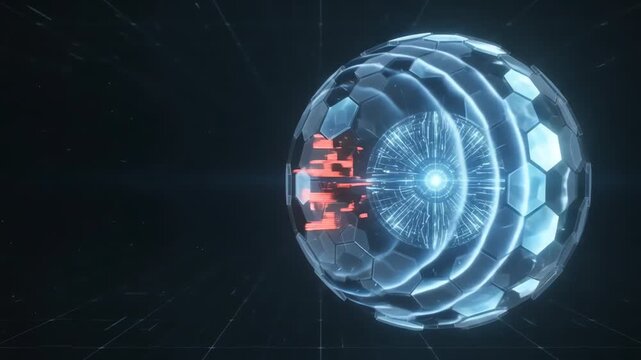 Rotating futuristic hexagonal sphere emitting blue energy pulses