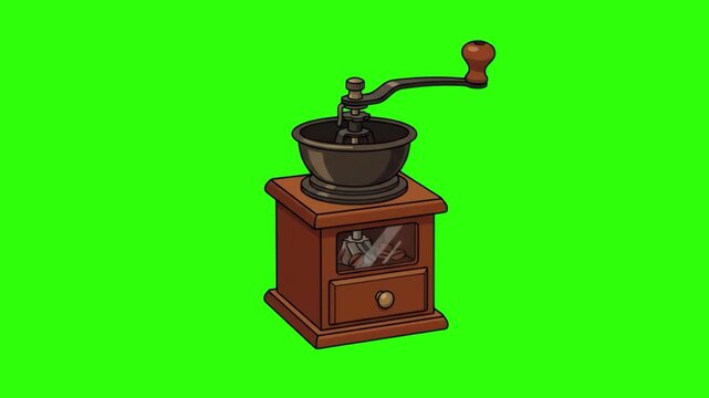 Flat 2D vector animated retro manual wooden coffee grinder mill isolated on a chroma key green screen background. Ideal for coffee shop promos, barista tutorials, vintage kitchen appliance guides, mor