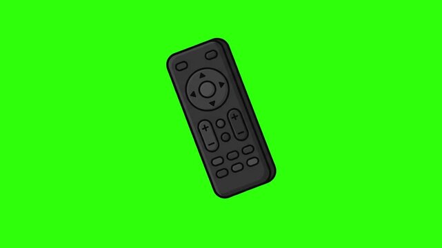 Flat 2D vector animated black TV remote control isolated on a chroma key green screen background. Great for smart TV promos, home entertainment guides, channel switching videos, media streaming commer